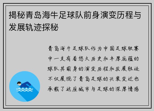 揭秘青岛海牛足球队前身演变历程与发展轨迹探秘